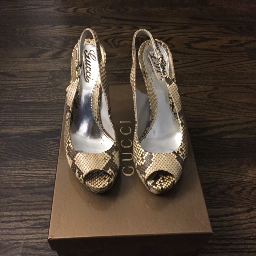 Gucci Python Peep-Toe, Sling Back, Platform Heels - image 2